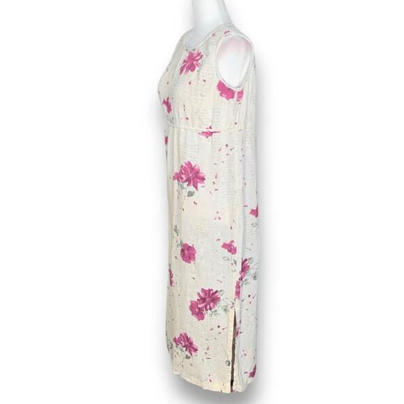 Vintage 90s Maxi Dress Cream Linen Purple Floral Script Print Sleeveless Lace - Picture 5 of 14